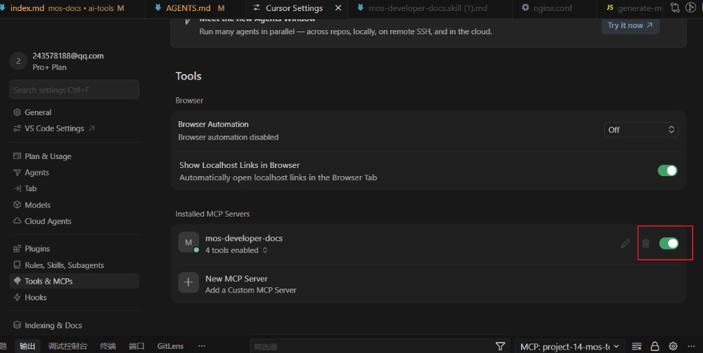 Enable mos-developer-docs MCP in Cursor Settings